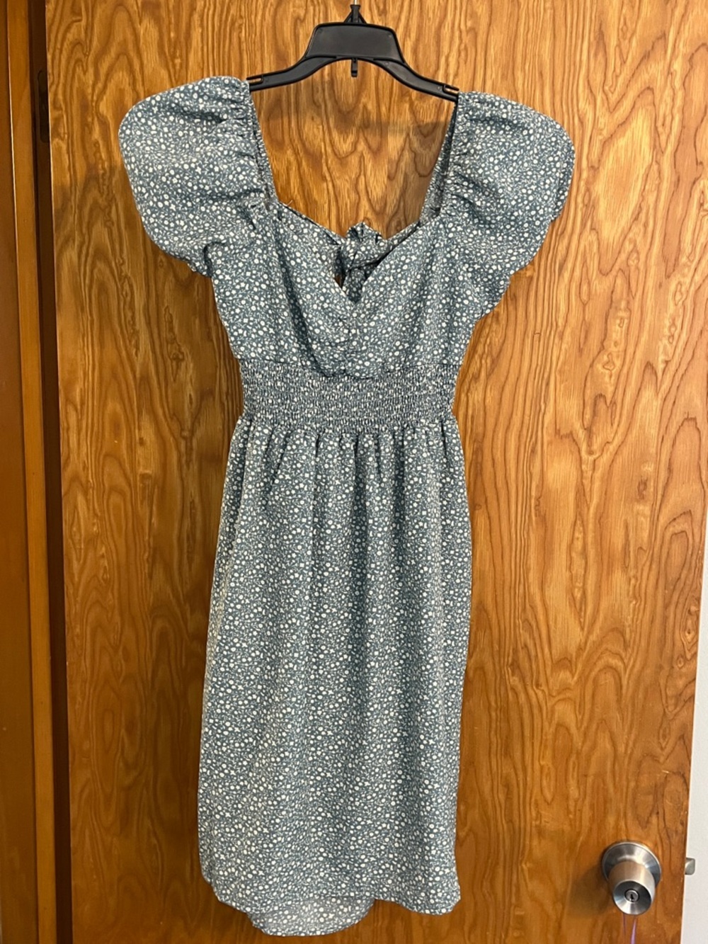 Blush Dusty Blue Floral Midi Dress with Puff Sleeves.  Cottage core